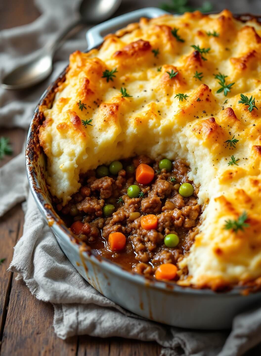 "rustic shepherd's pie with cauliflower mash in ceramic baking dish on weathered wooden table"