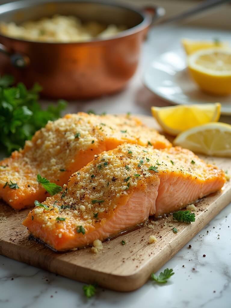 "parmesan-crusted salmon fillets with fresh parsley and lemon on a marble surface"