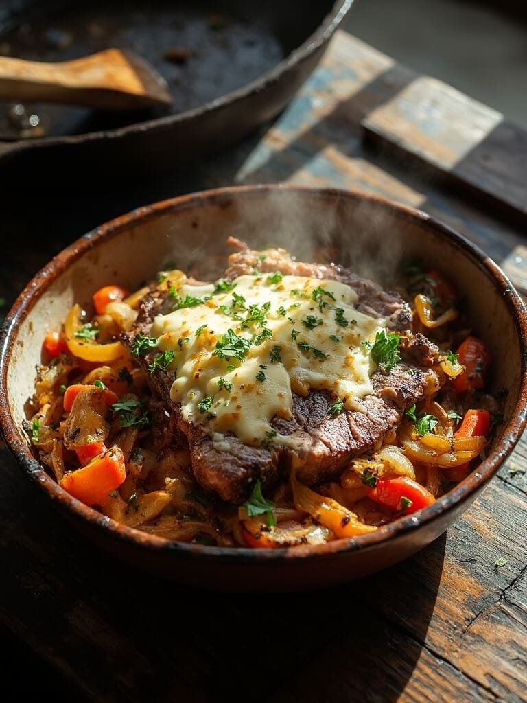 "overhead shot of sizzling ribeye steak, caramelized bell peppers, onions, and melted provolone cheese in a rustic ceramic bowl, garnished with fresh parsley. "