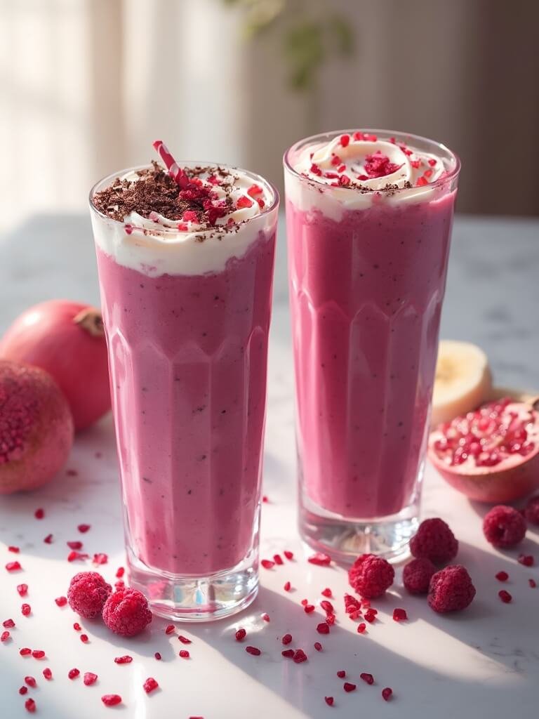 "two glasses of vibrant magenta-pink smoothie with coconut whipped cream, chocolate shavings, fresh berries, rose petals, and pomegranate seeds on a marble counter"