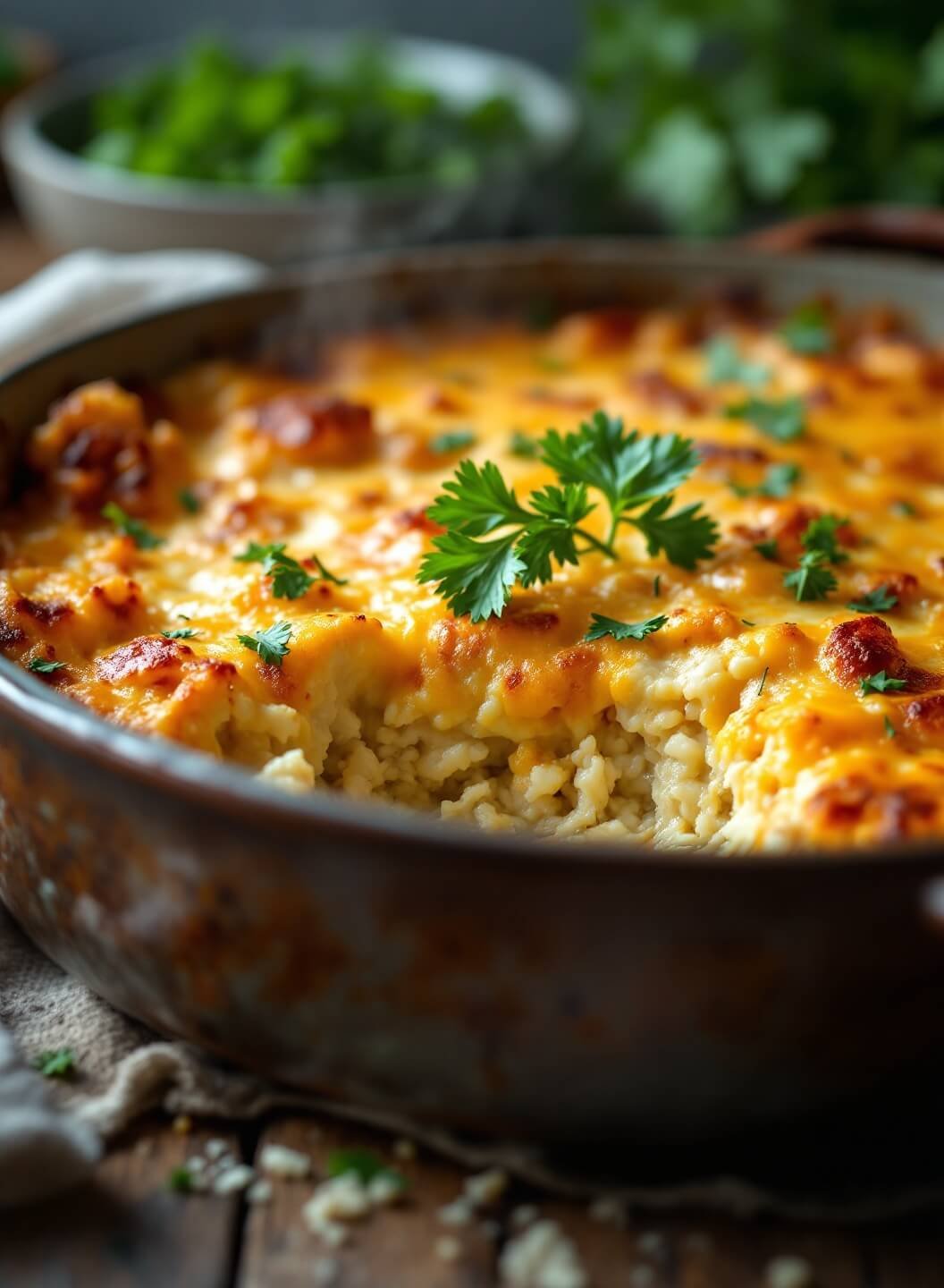 Savory Chicken &Amp; Cauliflower Rice Casserole 2 "savory chicken and cauliflower rice casserole with melted cheese in a ceramic dish"
