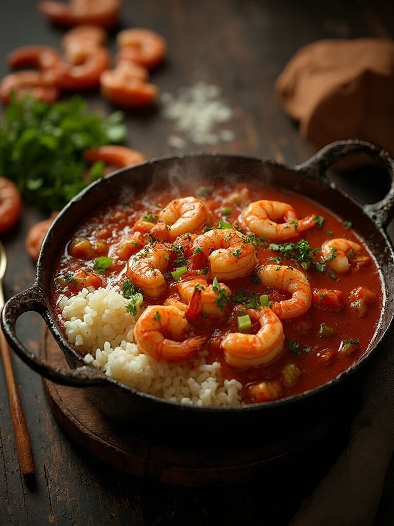 "rustic shrimp étouffée with diced vegetables in cast-iron dutch oven over cauliflower rice garnished with fresh parsley and green onions, with whole shrimps and traditional cajun ingredients in the background, shot in dramatic warm lighting. "