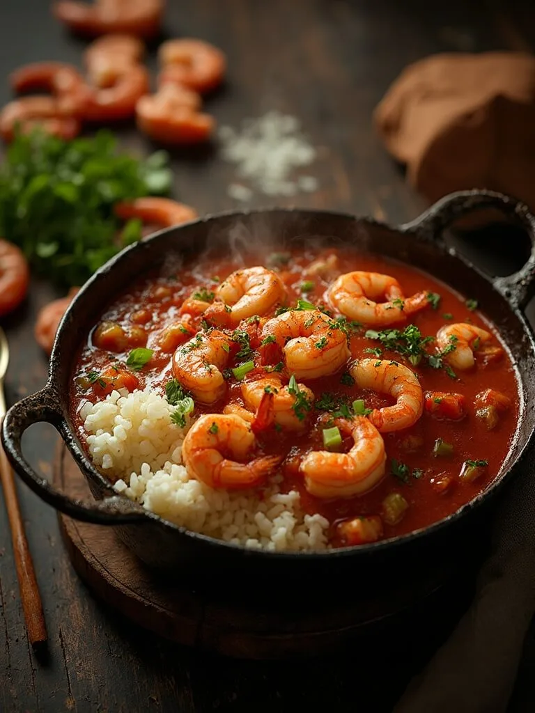 Low-Carb Shrimp Étouffée With Cauliflower Rice 2 "rustic shrimp étouffée with diced vegetables in cast-iron dutch oven over cauliflower rice garnished with fresh parsley and green onions, with whole shrimps and traditional cajun ingredients in the background, shot in dramatic warm lighting. "
