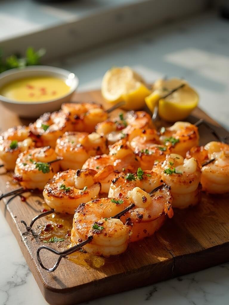 "grilled jumbo shrimp skewers with lemon butter glaze on a rustic wooden board in a modern kitchen"