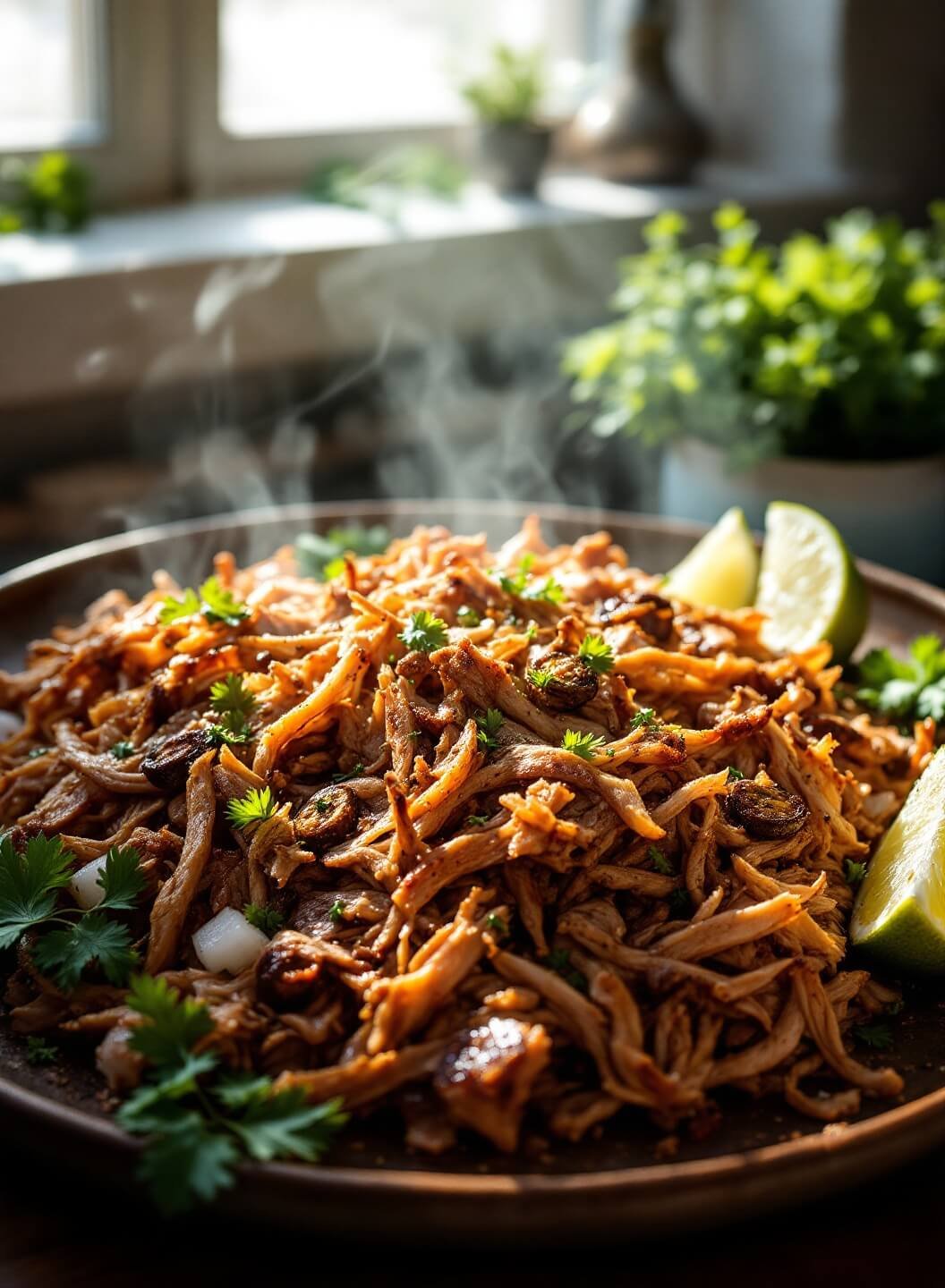 "close-up of succulent slow-cooked pork carnitas with crispy edges, garnished with fresh cilantro and lime, served on a rustic ceramic platter. "