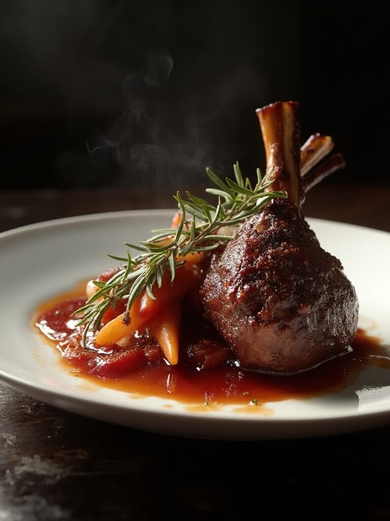 Melt-In-Your-Mouth Slow-Cooked Lamb Shanks 2 "braised lamb shank with red wine sauce, carrots, and caramelized onions on a white plate with rosemary garnish, served on a dark wooden table"