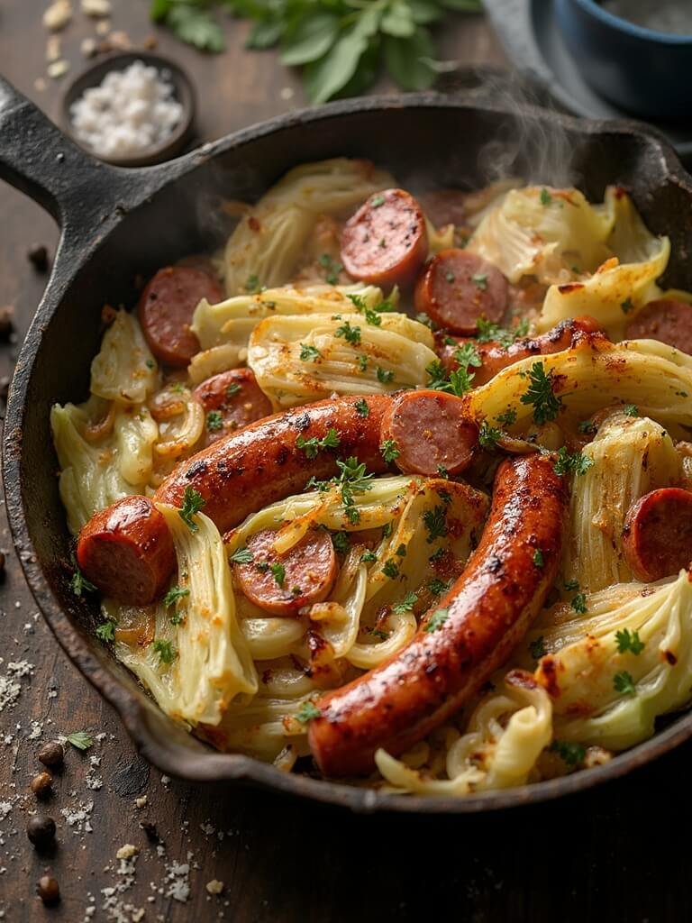Keto Smoked Sausage And Cabbage Skillet (One-Pan, 30-Minute Meal) 2 "overhead shot of a rustic cast iron skillet with golden-brown sliced kielbasa, charred cabbage wedges, sautéed onions, and minced garlic, garnished with paprika and fresh parsley on a weathered wooden surface"