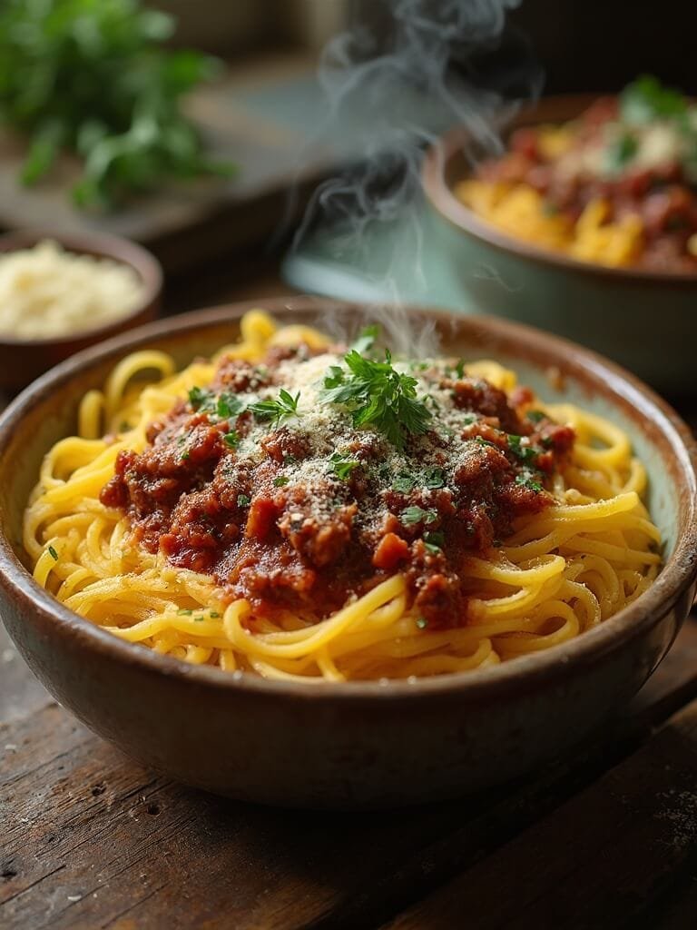 Spaghetti Squash With Meat Sauce 2 "spaghetti squash with meat sauce and parmesan cheese in a rustic bowl on a wooden table"