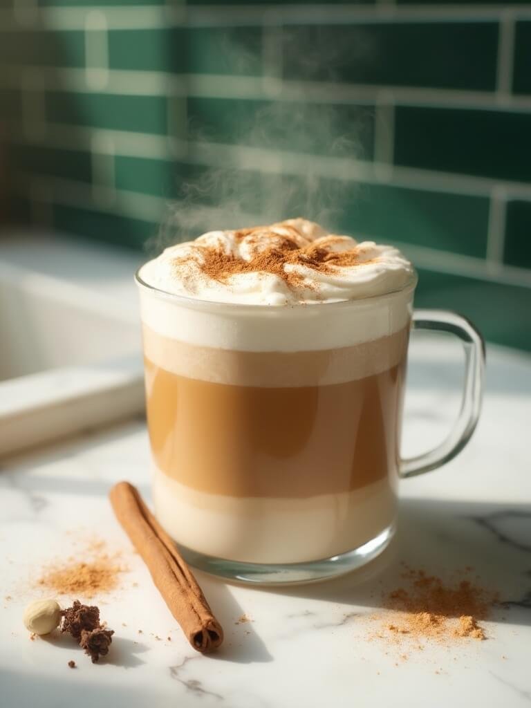 Spiced Keto Chai Latte 2 "steaming keto chai latte with layered cream and spices in a white mug on a marble countertop"