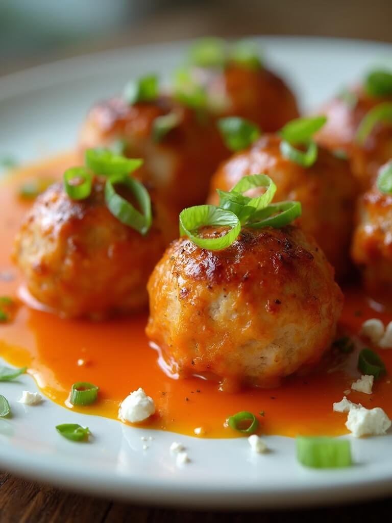 "spicy keto buffalo chicken meatballs garnished with green onions, served on a white ceramic plate in a modern kitchen setting"