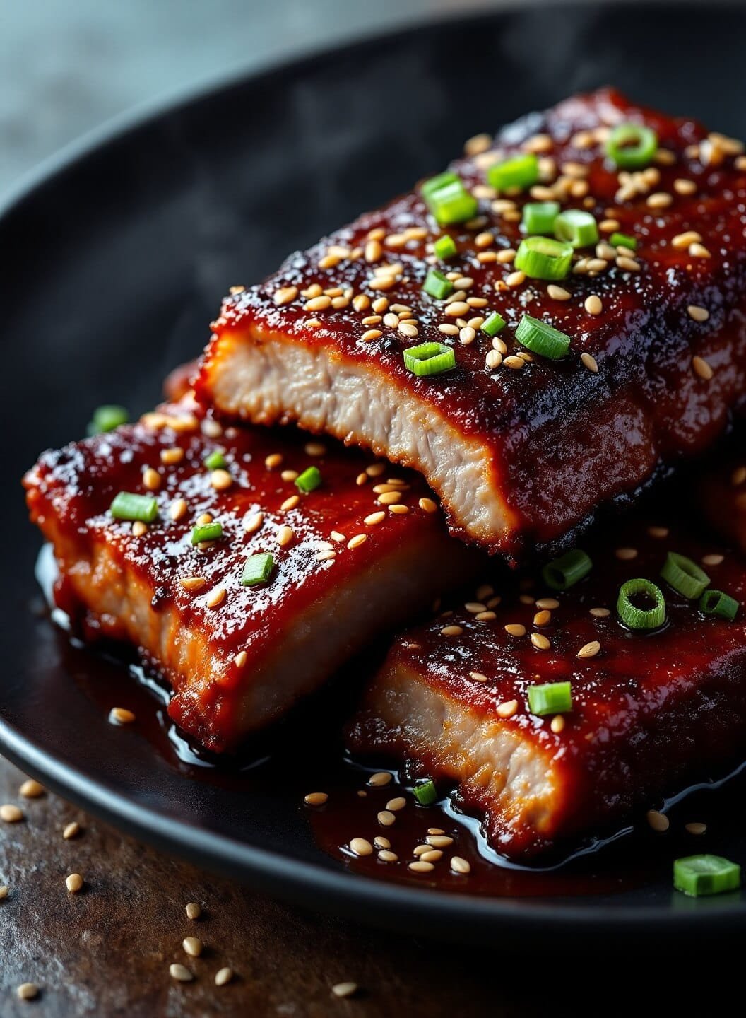 "glossy korean bbq ribs with sesame garnish on black plate, with visible char marks and sauce pooling at base"
