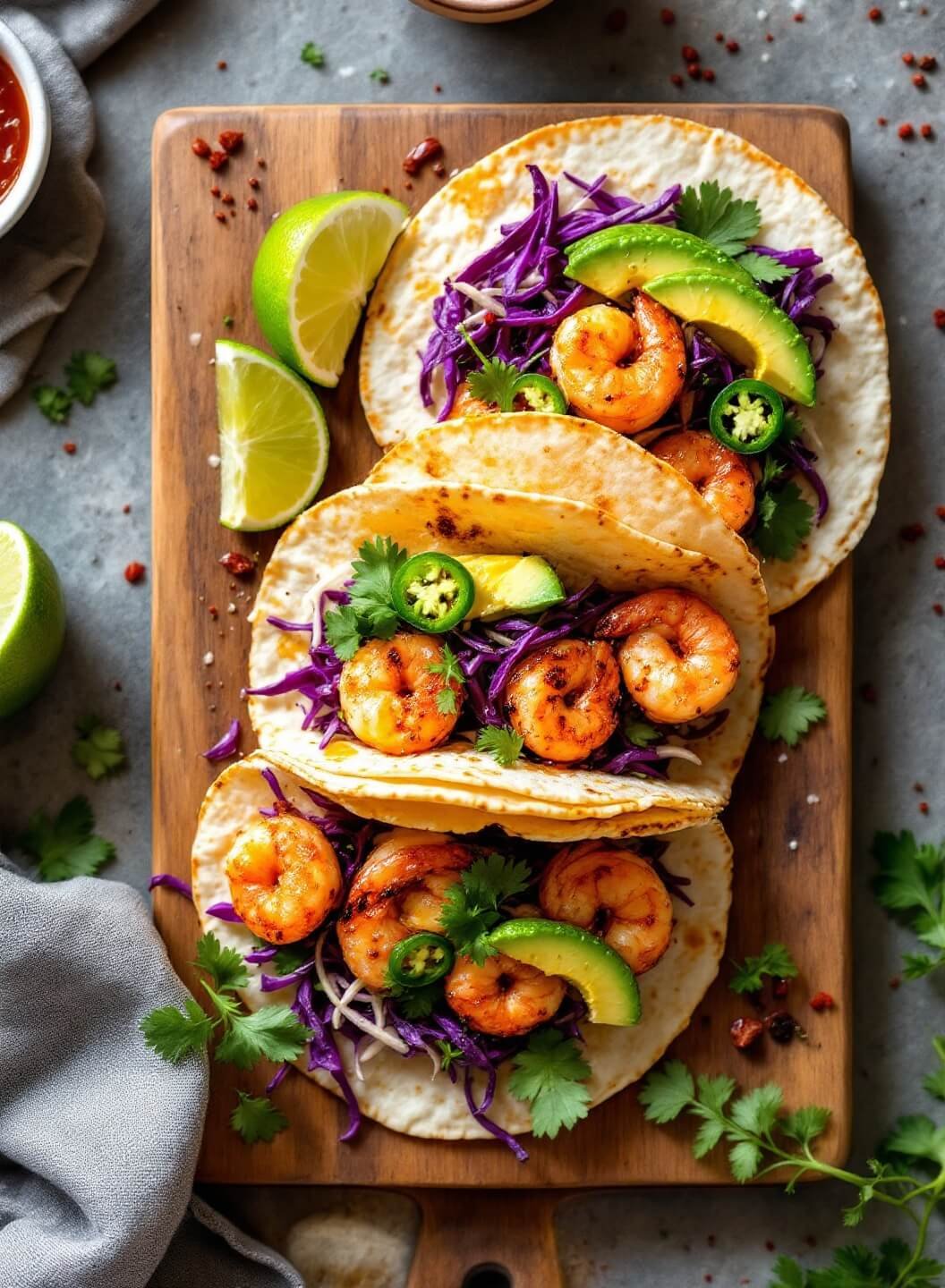 "overhead view of spicy shrimp tacos with fresh garnish and lime on a rustic wooden board"
