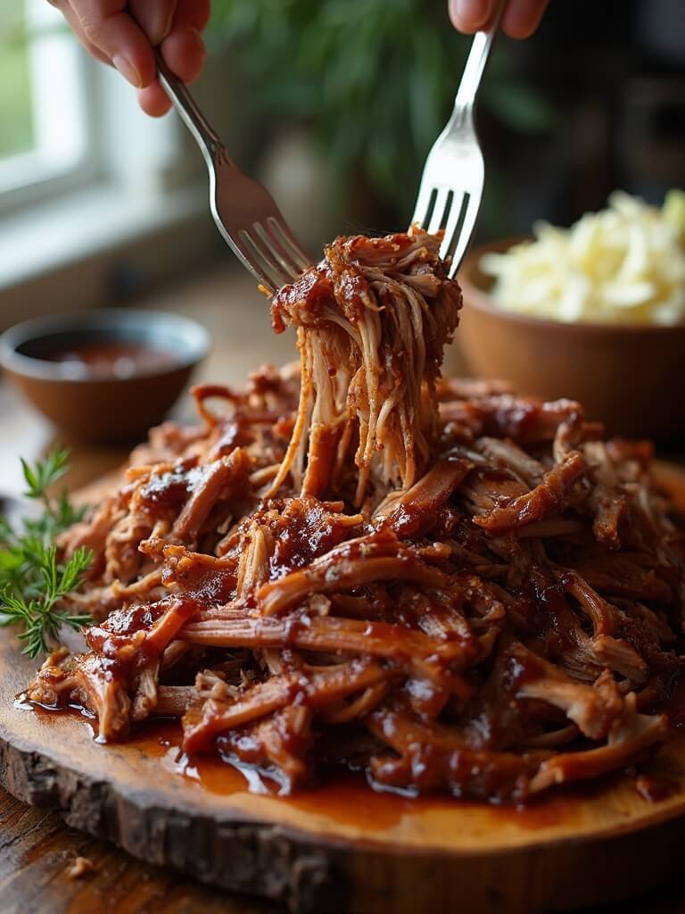"succulent slow-cooker pulled pork with sugar-free bbq sauce on a rustic wooden serving platter, garnished with fresh herbs and accompanied by bowls of extra sauce and coleslaw"