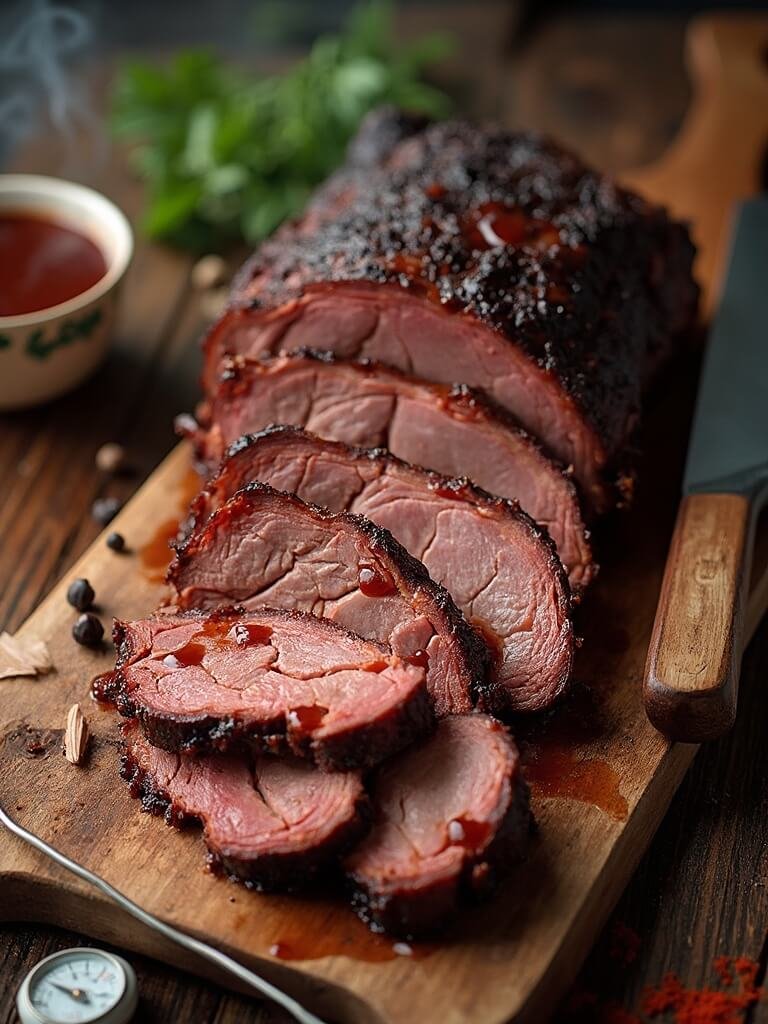 Sugar-Free Bbq Brisket 2 "sliced bbq brisket on a rustic cutting board with sugar-free sauce, fresh herbs, spices, carving knife, and meat thermometer"