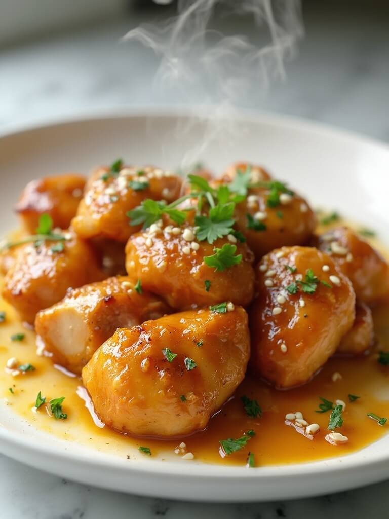 Sugar-Free Honey Garlic Chicken 2 "sugar-free honey garlic glazed chicken pieces on a white plate"