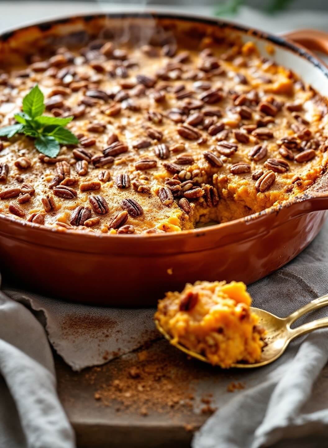 "sugar-free pumpkin and sweet potato casserole with pecan topping, garnished with fresh sage and cinnamon, served in a rustic ceramic dish on a wooden table"