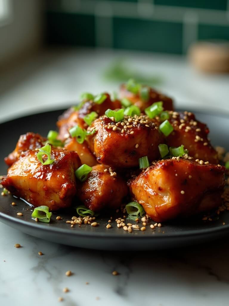 "close-up of sugar-free teriyaki chicken with sesame and green onions on a black plate"