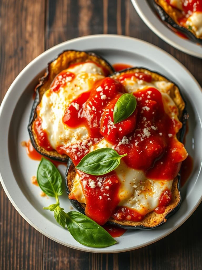 7 Delicious Low-Carb Italian Eggplant Dishes You Must Try 5 A plate of crispy eggplant parmesan topped with tomato sauce and fresh basil.