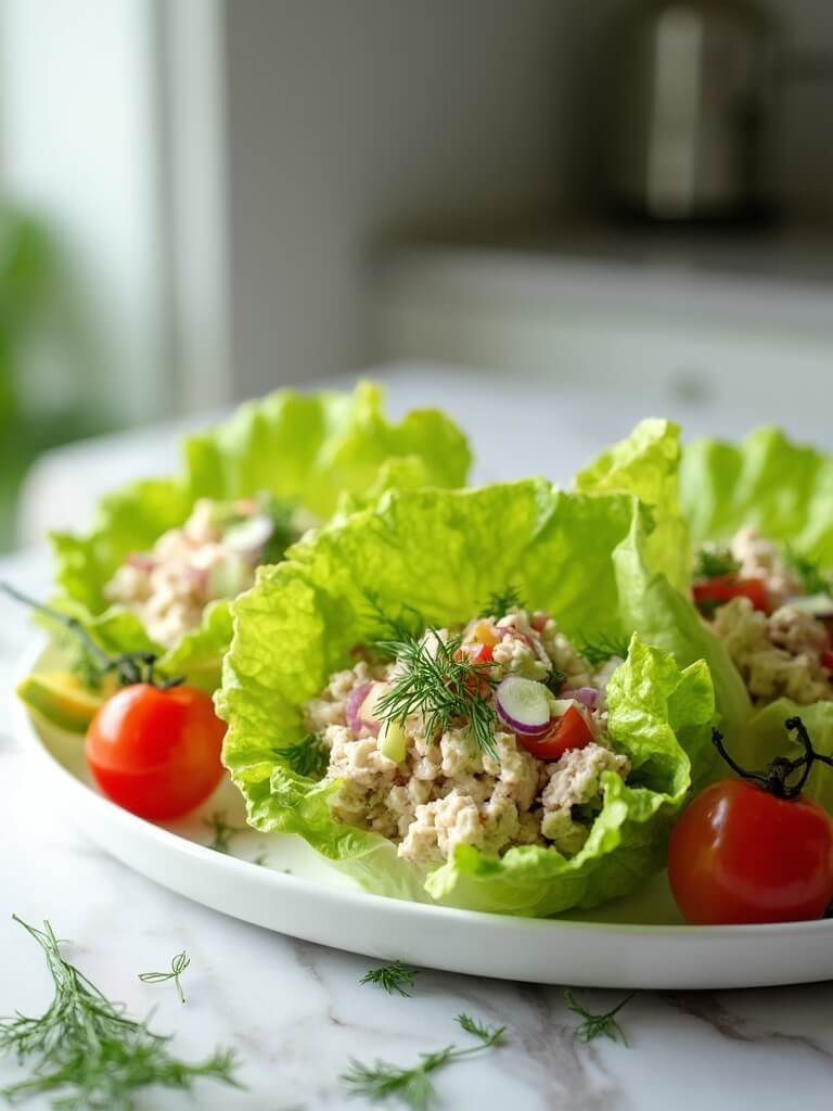 "tuna salad lettuce wraps garnished with dill, tomatoes, and avocado on a white platter in a sunlit kitchen"