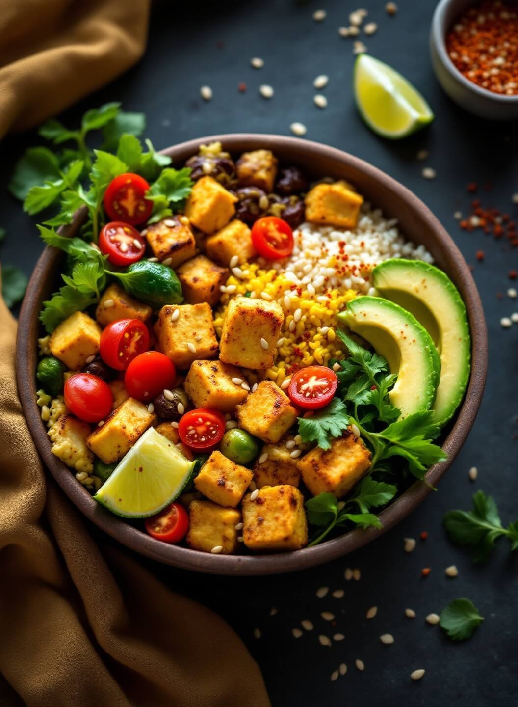 "vegan keto buddha bowl with crispy tofu, turmeric-spiced cauliflower rice, roasted brussels sprouts, cherry tomatoes, avocado slices, mixed greens, and garnished with sunflower and sesame seeds, lime wedge and optional red chili flakes"