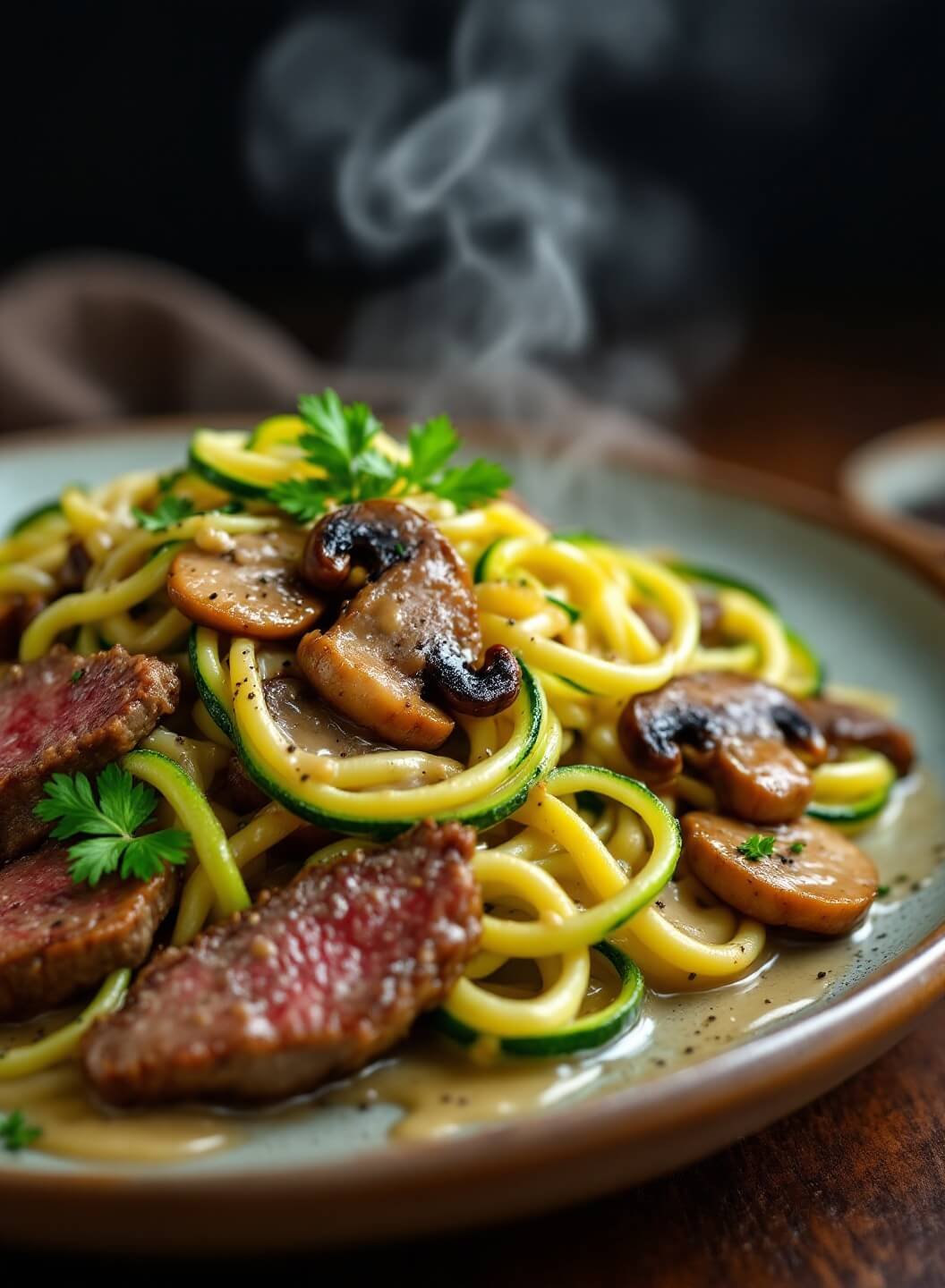 "close-up of beef stroganoff with zucchini noodles and sautéed mushrooms on a rustic plate"