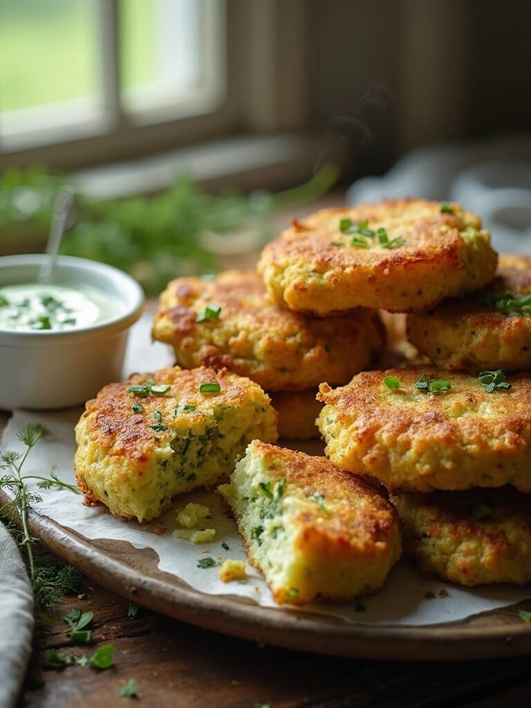"golden-brown zucchini fritters on rustic platter with herbed sour cream dip, garnished with fresh herbs, shot in natural light on a weathered wooden table"