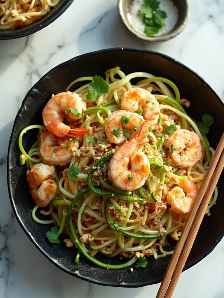 Zucchini Noodle Pad Thai With Low-Carb Sauce 2 "overhead shot of zucchini noodle pad thai with shrimp and fresh garnish in a black ceramic bowl on a white marble countertop, garnished with eggs, green onions, bean sprouts, crushed peanuts and cilantro. "