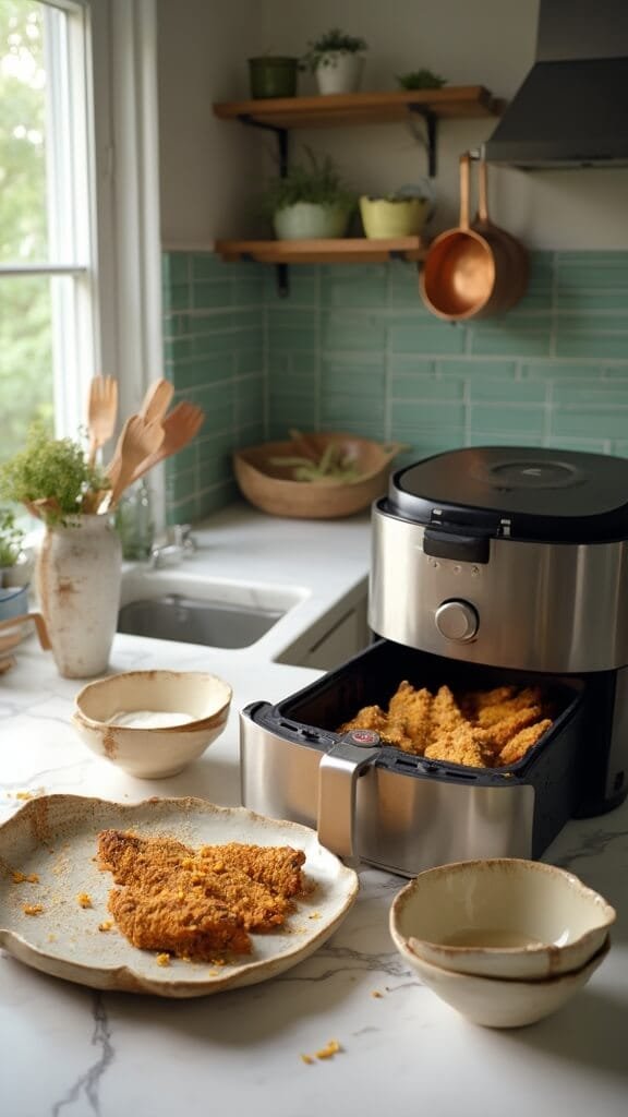 Crispy Keto Chicken Tenders With Buffalo Ranch Sauce 5 Golden-brown chicken tenders arranged in a sleek air fryer, set in a modern kitchen with green subway tiles and copper pots, under soft natural daylight.