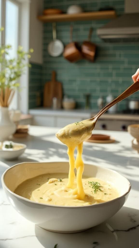Homemade Keto Alfredo Sauce (Rich, Creamy &Amp; Ready In 15 Minutes) 7 Alfredo sauce with specks of garlic and herbs on wooden spoon in modern kitchen with green subway tile backsplash and copper pots