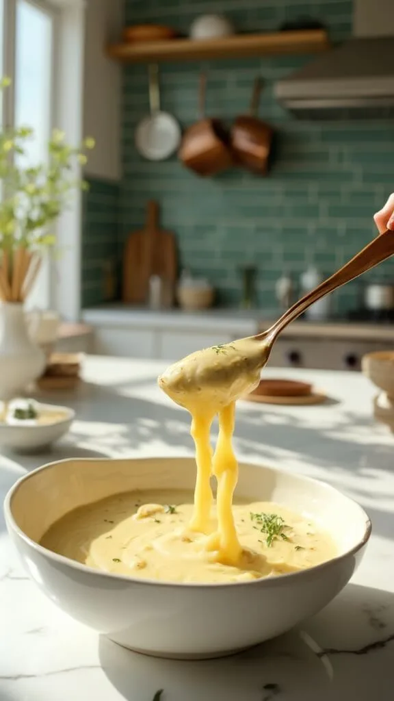 Homemade Keto Alfredo Sauce (Rich, Creamy &Amp; Ready In 15 Minutes) 7 Alfredo sauce with specks of garlic and herbs on wooden spoon in modern kitchen with green subway tile backsplash and copper pots
