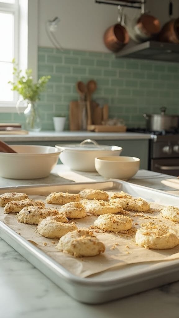 Crispy Keto Mozzarella Sticks With Almond Flour Breading 5 Double-coated mozzarella sticks on parchment-lined baking sheet in a modern kitchen with white marble countertops, green subway tile backsplash and stainless steel appliances, shot in natural daylight