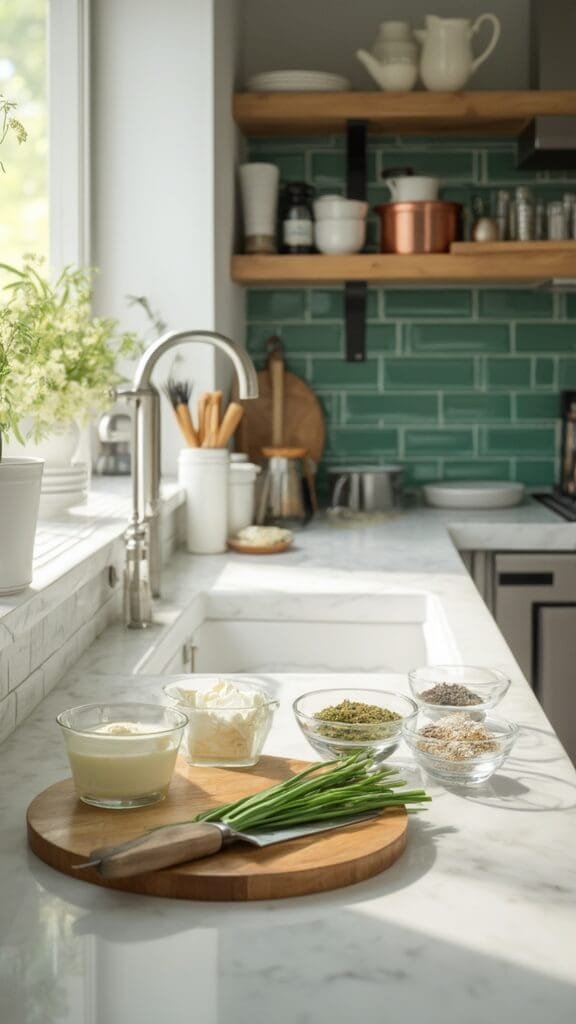 Professional kitchen setting with ingredients like mayonnaise, sour cream, and various spices in small bowls, fresh chives on a wooden board, along with modern cookware and utensils on a marble countertop.
