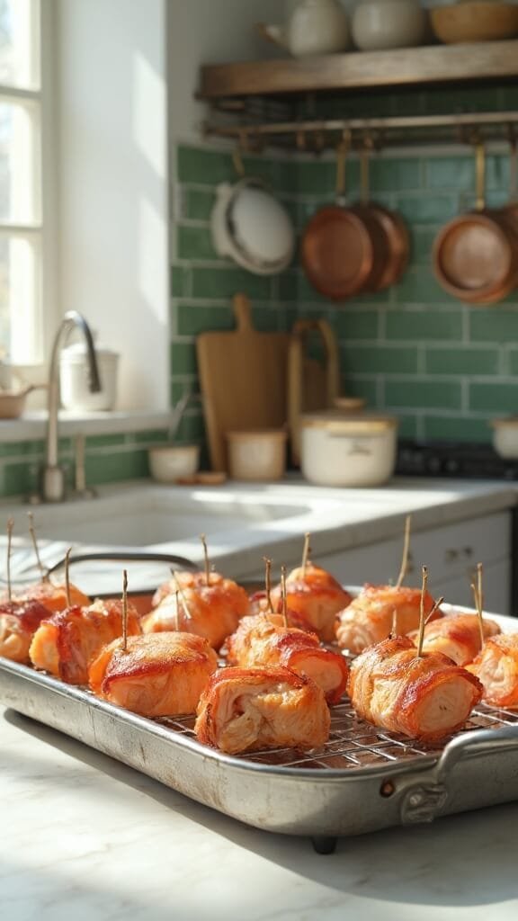 Bacon-Wrapped Keto Salmon Bites 5 Bacon-wrapped salmon bites on air fryer basket in a modern kitchen with white marble countertops, green subway tiles backsplash, and copper pots on a hanging rack, shot in natural daylight