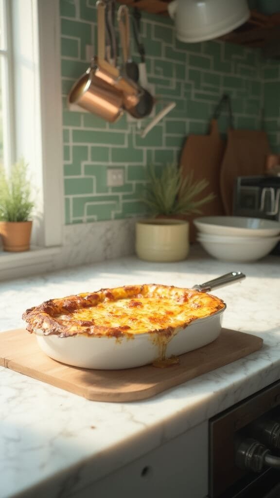 Keto Chicken Fajita Casserole (Easy One-Pan Low-Carb Dinner) 7 Baked casserole with golden-brown melted cheese in a modern kitchen with green subway tiles and cream-colored ceramic bowls