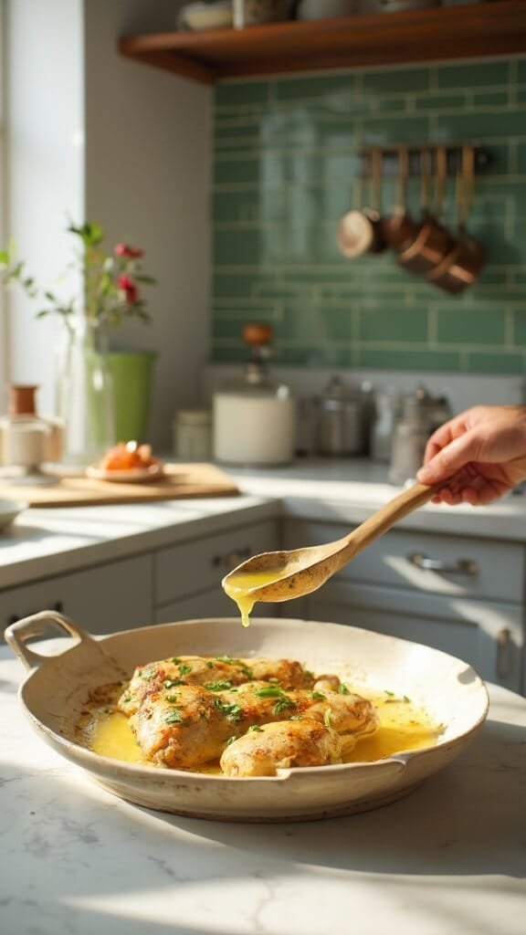 Keto Garlic Butter Chicken Thighs 6 Professional food photography in a modern kitchen showing the basting process of chicken thighs with garlic butter sauce using a wooden spoon.