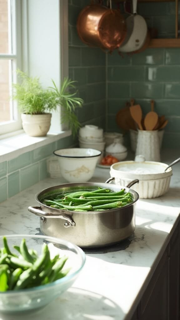 Classic Keto Green Bean Casserole (Creamy, Low-Carb Holiday Favorite) 3 Fresh green beans being blanched in a modern kitchen with white marble countertops and stainless steel appliances, under natural daylight.