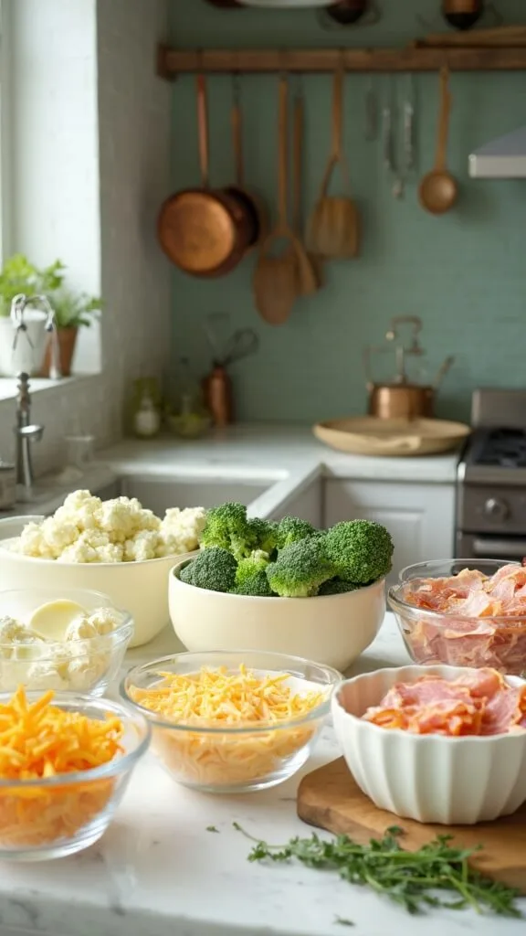 Keto Cheesy Broccoli And Cauliflower Bake 3 0 broccoli cauliflower ingredients prep