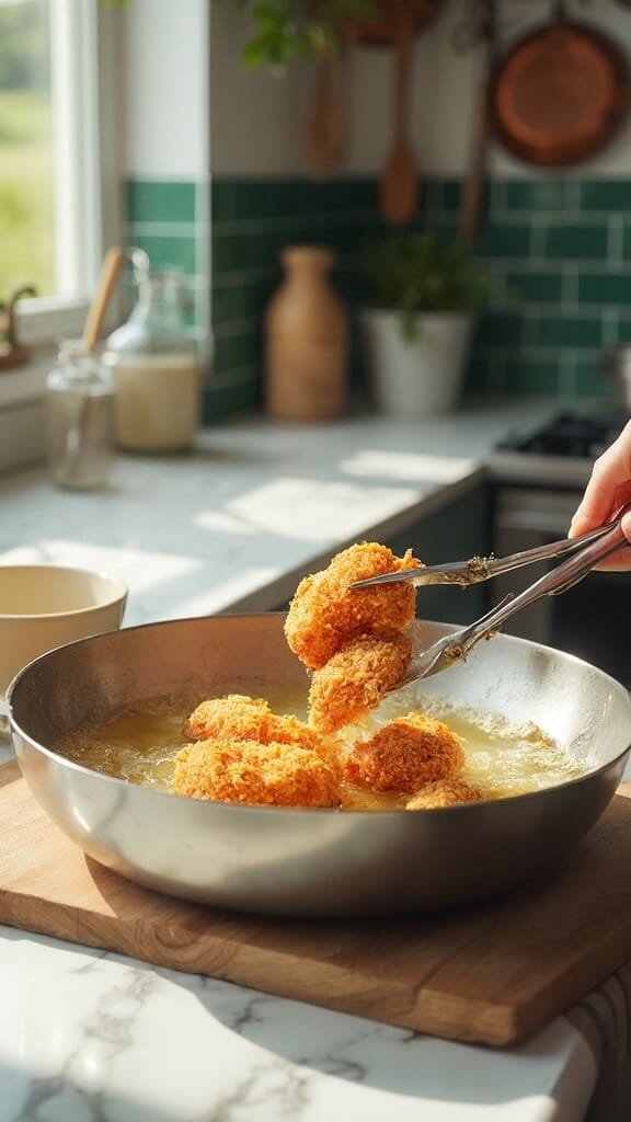 Crispy Keto Mozzarella Sticks With Almond Flour Breading 6 Golden-brown mozzarella sticks being lifted from a stainless steel pan in a modern kitchen with white marble countertops, wooden utensils, and cream-colored ceramic bowls.