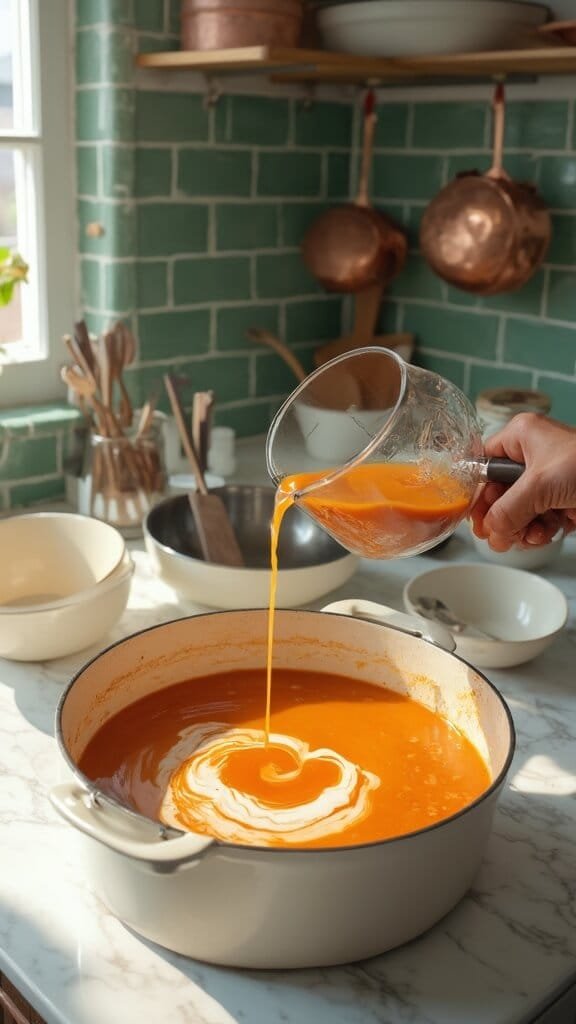 Creamy Keto Buffalo Chicken Soup 6 Pouring golden chicken broth into a dutch oven with cream cheese and buffalo sauce in a modern kitchen with warm, earthy tones