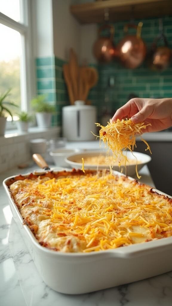 Classic Keto Green Bean Casserole (Creamy, Low-Carb Holiday Favorite) 6 Cheese and pork rinds casserole in a modern kitchen with white marble countertops, stainless steel appliances, and green subway tile backsplash, illuminated by natural daylight.