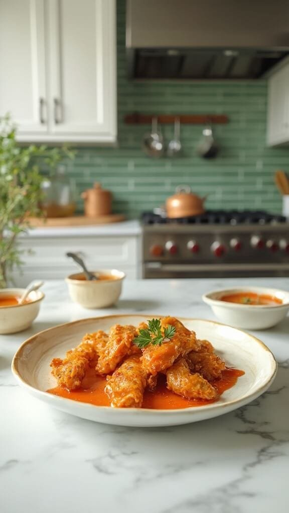 Crispy Keto Chicken Tenders With Buffalo Ranch Sauce 7 Golden-brown chicken tenders on a white ceramic platter in a modern kitchen, garnished with fresh parsley and buffalo ranch sauce, amid warm, earthy ambience.