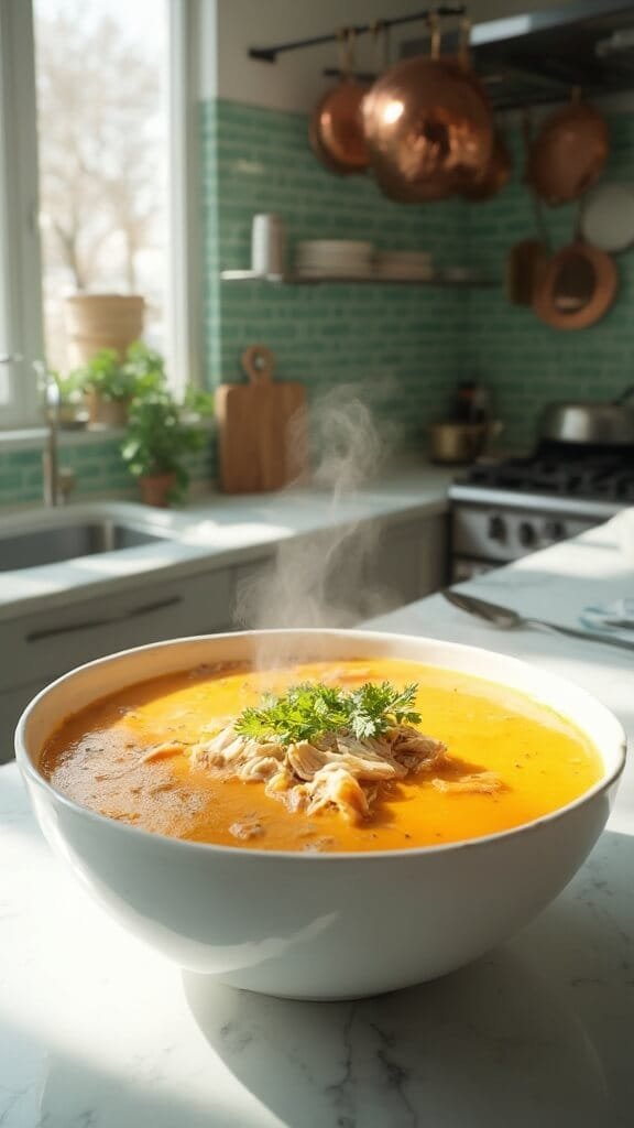 Creamy Keto Buffalo Chicken Soup 7 Finished buffalo chicken soup in a white ceramic bowl, garnished with fresh herbs, in a modern kitchen with white marble countertops and stainless steel appliances under natural daylight.