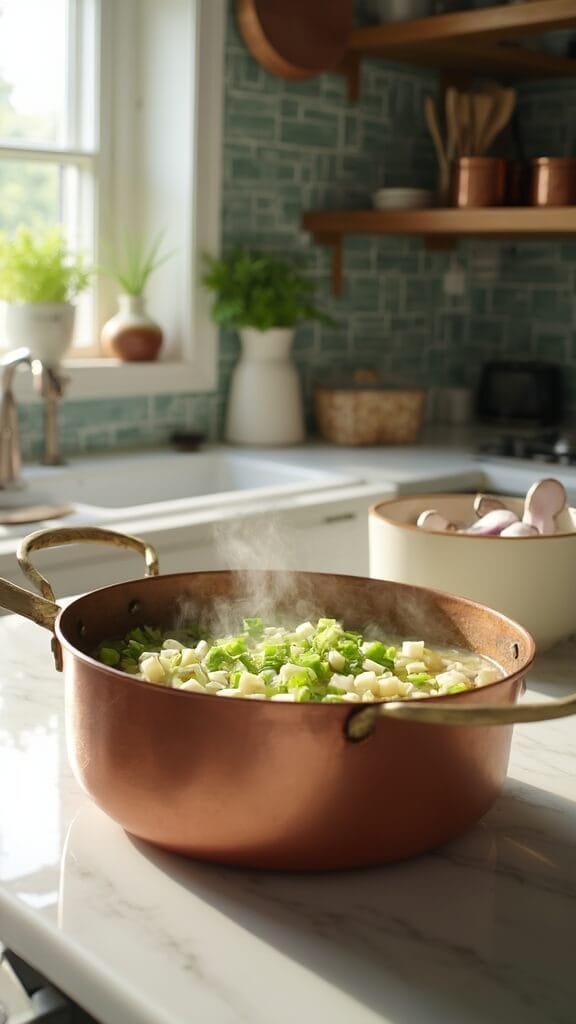 Creamy Keto Buffalo Chicken Soup 4 Sauteing diced celery and onions in a copper dutch oven in a modern kitchen with green subway tile backsplash and wooden utensils