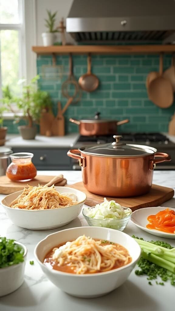 Creamy Keto Buffalo Chicken Soup 3 Ingredients for buffalo soup arranged on a white marble countertop in a modern kitchen, featuring shredded chicken, cream cheese, buffalo sauce, diced celery, onions, and fresh herbs.