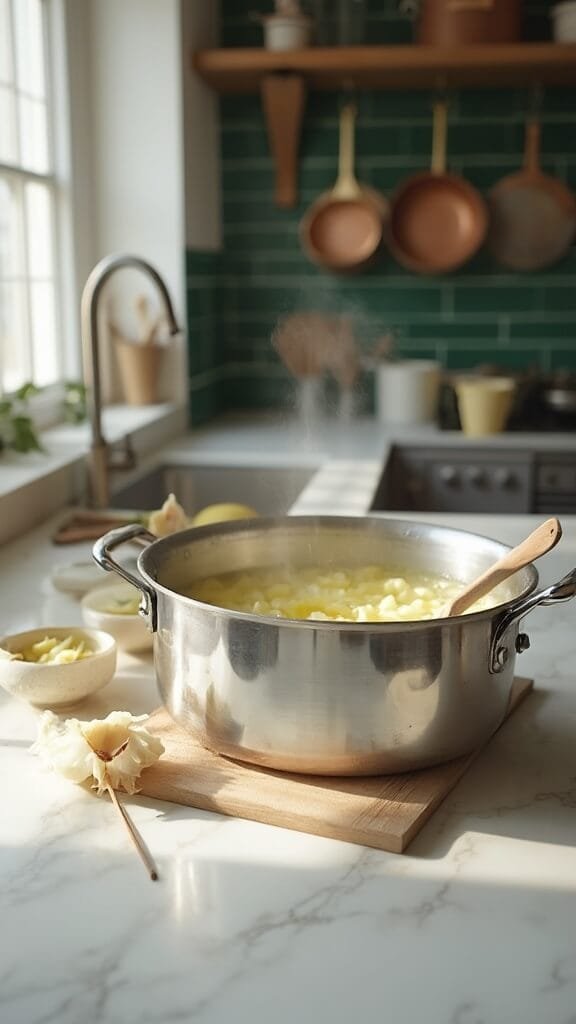 Keto Alfredo Sauce (Rich &Amp; Creamy) 4 Butter and garlic melting in a stainless steel saucepan in a modern kitchen with white marble countertops and green subway tile backsplash, captured from a 45-degree angle.