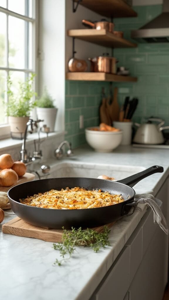 Keto French Onion Chicken Skillet 4 Modern kitchen with white marble countertops and stainless steel appliances, wooden utensils on counter and caramelizing onions in cast-iron skillet on stove