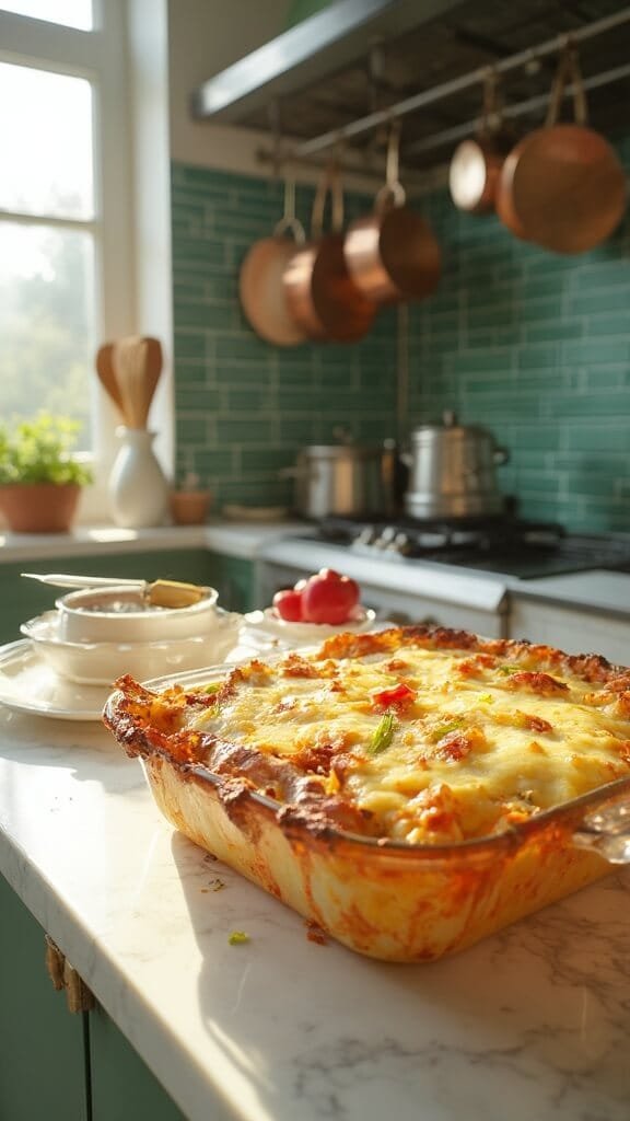 Keto Chicken Fajita Casserole 7 Final baked casserole with golden-brown melted cheese and visible layers of chicken and peppers in a modern kitchen with white marble countertops and green subway tile backsplash.