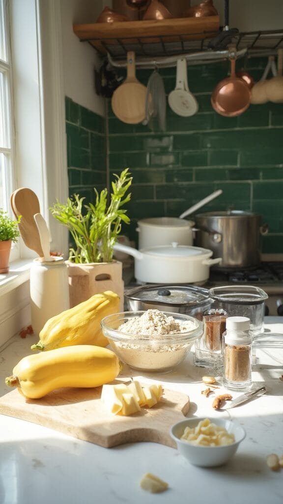 Sugar-Free Apple Crisp (Made With Chayote Squash Or Zucchini) 3 Modern kitchen with marble countertops and stainless steel appliances, featuring prep bowls with ingredients like chayote squash, almond flour, butter, cinnamon, nutmeg, and sliced almonds, alongside wooden utensils and a mandolin slicer