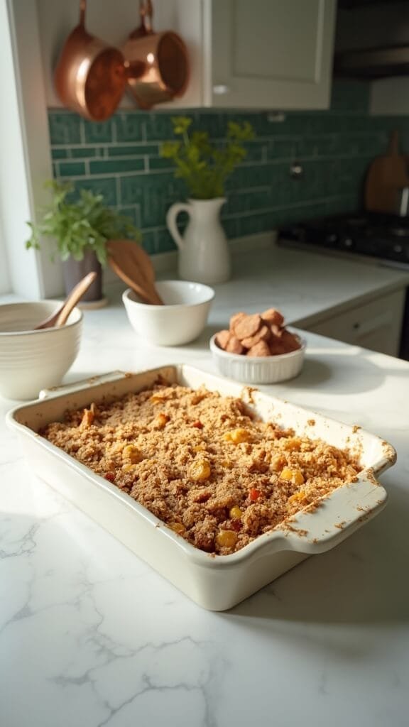 Sugar-Free Apple Crisp (Made With Chayote Squash Or Zucchini) 6 Professional food photography of assembling dessert in modern kitchen, preparing cooked chayote filling in ceramic dish with crumble topping