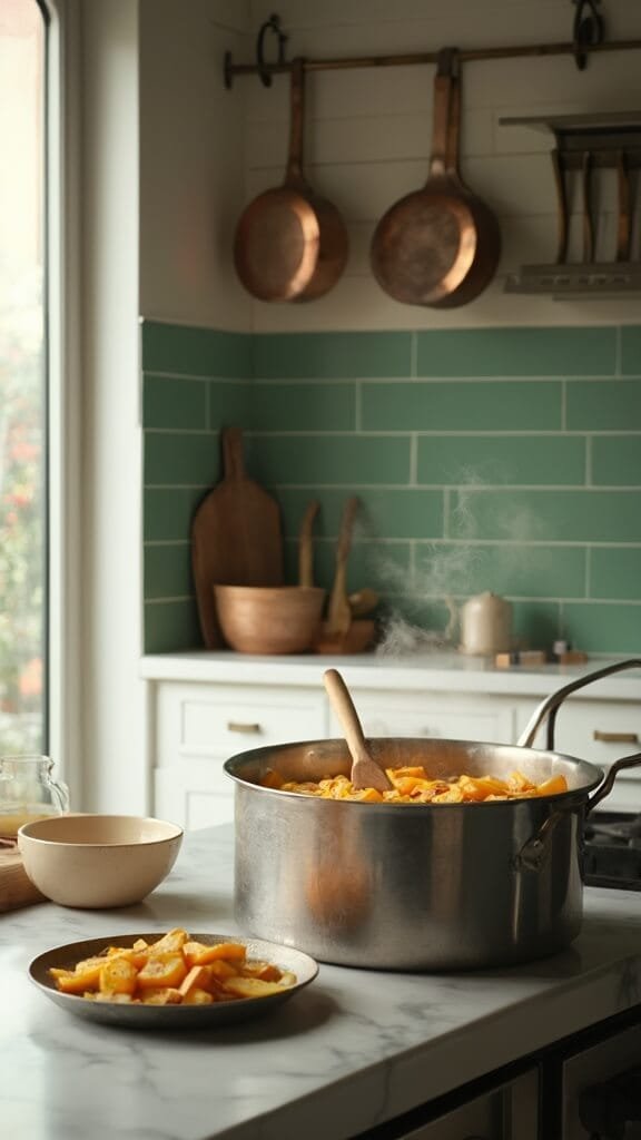 Sugar-Free Apple Crisp (Made With Chayote Squash Or Zucchini) 4 Sliced squash cooking in stainless steel saucepan in a modern kitchen with white marble countertops and green subway tile backsplash